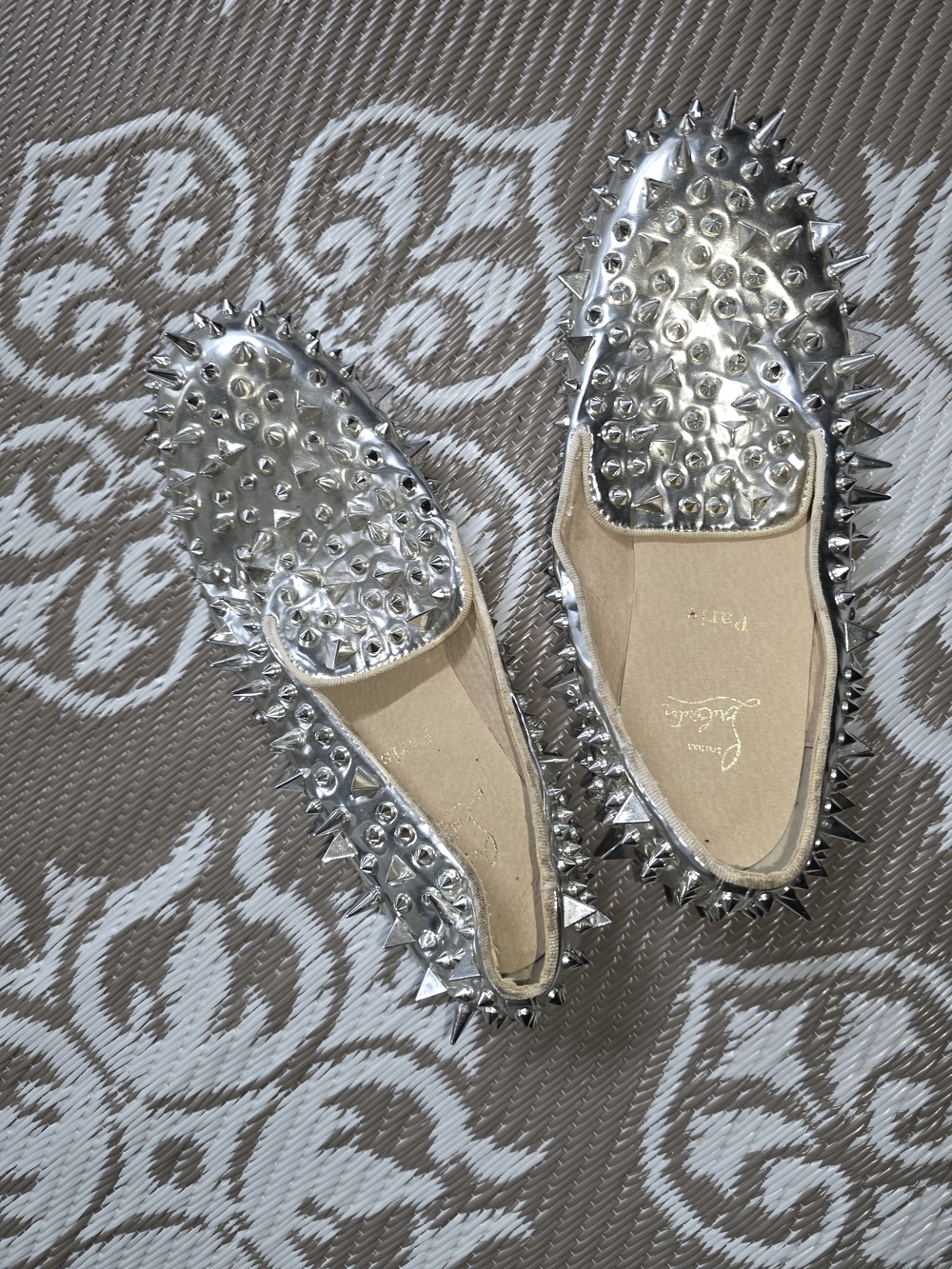 Christian Louboutin Silver Spike-Embellished Flat Loafers